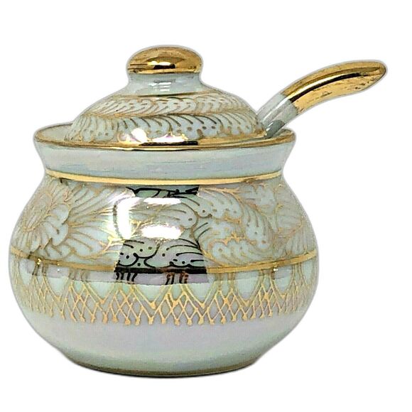 Porcelain Lusterware Serving Set VTG 4 Jam Jars w/Lids Spoons & Tray Thailand - Picture 6 of 11